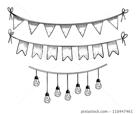 Autumn garlands vector set with pennant and light bulbs on isolated background. Linear black Illustration of hanging and bunting for festival or greeting cards design. Drawing for party design. Autumn garlands vector set with pennant and light bulbs on isolated background. Linear black Illustration of hanging and bunting for festival or greeting cards design. Drawing for party design. 118447461