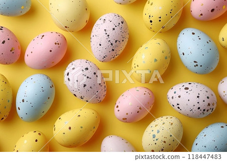 Easter eggs on yellow background 118447483