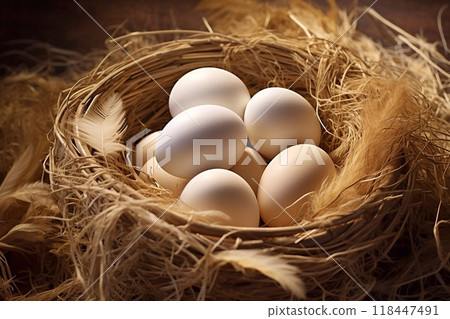 Eggs in a basket on a wooden background. 118447491