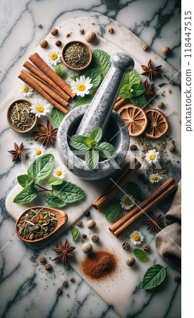 collection of spices and herbs, including cinnamon, star anise, chamomile, and mint, arranged on a marble countertop, with a porcelain mortar and pestle collection of spices and herbs, including cinnamon, star anise, chamomile, and mint, arranged on a marble countertop, with a porcelain mortar and pestle 118447515