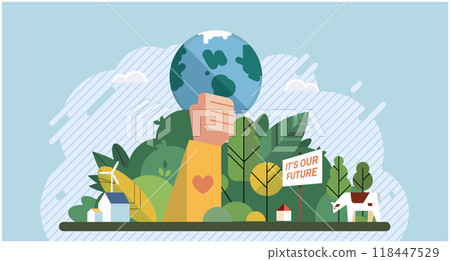 Climate change. Save the planet. Vector illustration Combatting climate change requires collective efforts and innovative solutions Earth pollution adversely impacts ecosystems, wildlife, and humans 118447529