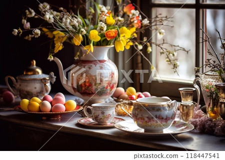 Easter still life with cup of tea, teapot and flowers 118447541