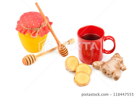 Ginger tea and Honey pot isolated on white. collage. 118447555