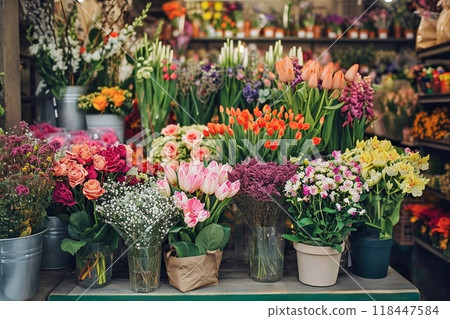 Variety of colorful flowers in flower shop. 118447584