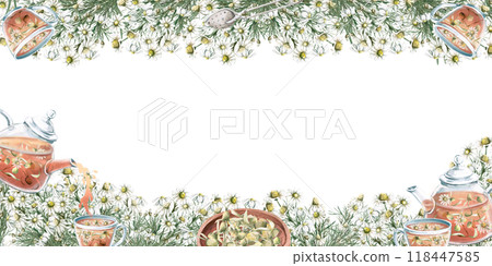 Rectangular frame with chamomile and glass tea set. Isolated watercolor illustration for cafe design, menu, tea shops, beauty salons and spas 118447585