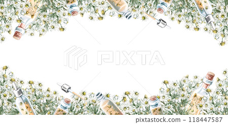 Rectangular frame with chamomile and cosmetics. Isolated watercolor illustration for design of business cards of cosmetic salons, labels, packages Rectangular frame with chamomile and cosmetics. Isolated watercolor illustration for design of business cards of cosmetic salons, labels, packages 118447587