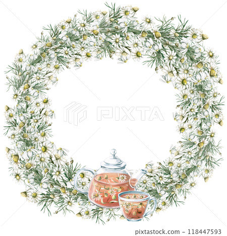 Teapot with a cup of tea surrounded by a wreath. Isolated watercolor illustration for the design of herbal infusions, teas, cafe and restaurant menus Teapot with a cup of tea surrounded by a wreath. Isolated watercolor illustration for the design of herbal infusions, teas, cafe and restaurant menus 118447593