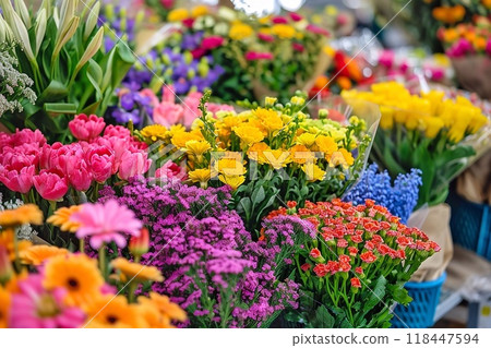 Colorful bouquets of flowers in flower shop. 118447594