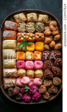 Beautifully arranged traditional Indian sweets for Dussehra and Diwali. Vertical banner, top view Beautifully arranged traditional Indian sweets for Dussehra and Diwali. Vertical banner, top view 118447624