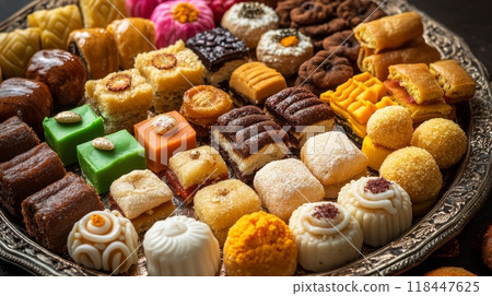 Close up of traditional Indian sweets and savory snacks. the festive spirit of Dussehra and Diwali. Close up of traditional Indian sweets and savory snacks. the festive spirit of Dussehra and Diwali. 118447625