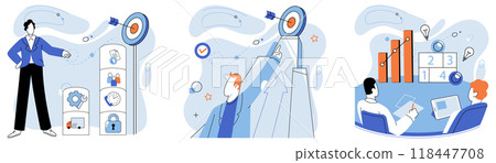 Strategic planning. Vector illustration. Overcoming difficulties during planning process strengthens strategy Generating novel ideas fuels strategic goal attainment Setting ambitious targets 118447708