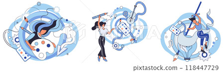 Artistic imagination vector illustration. The artists creative thinking, akin to sculptors chisel, shapes abstract concepts into tangible forms The canvas, playground for artistic imagination Artistic imagination vector illustration. The artists creative thinking, akin to sculptors chisel, shapes abstract concepts into tangible forms The canvas, playground for artistic imagination 118447729