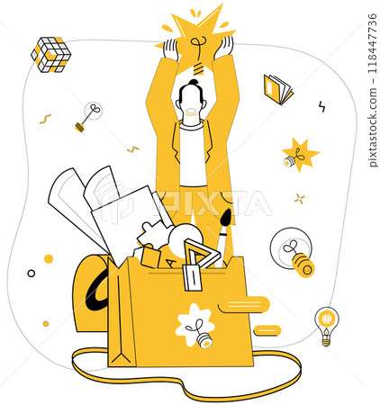 Innovative ideas vector illustration. Brainstorming and knowledge are dynamic winds steering ship solutions The tapestry achievement is woven from threads innovative ideas Discovery transforms 118447736