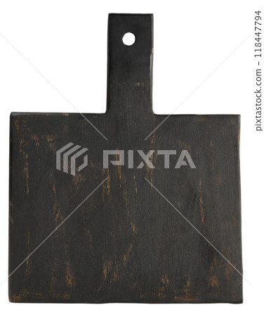 Empty black wooden kitchen cutting board with handle on white isolated background Empty black wooden kitchen cutting board with handle on white isolated background 118447794