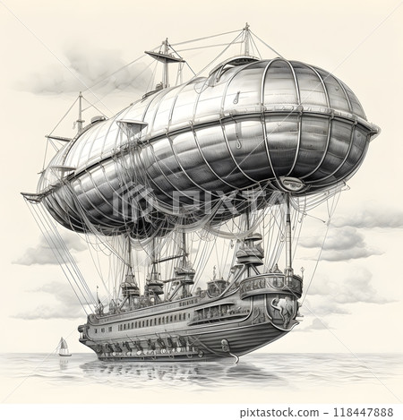 An intricate black and white depiction of a majestic airship sailing above calm waters under a cloudy sky 118447888