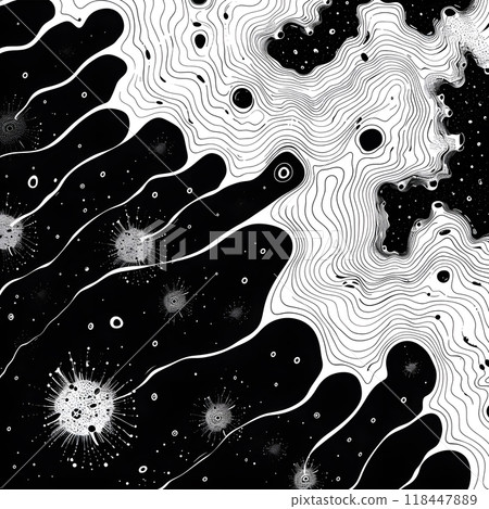 This artwork showcases a striking black and white design filled with dynamic swirling lines and various circular shapes. The contrast creates an engaging visual rhythm. 118447889