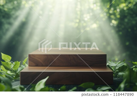 A minimalist wooden podium placed in a lush forest environment with sunlight filtering through the leaves, ideal for natural or eco-themed presentations 118447890