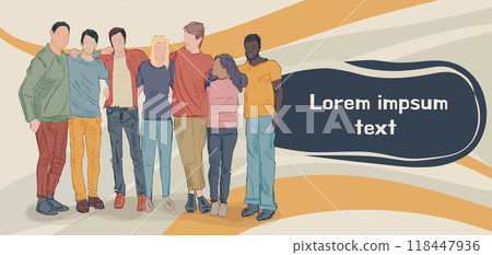 Group of people embracing each other from diverse culture. Teamwork and cooperation.Community of friends or volunteers committed to social issues for peace and the environment Group of people embracing each other from diverse culture. Teamwork and cooperation.Community of friends or volunteers committed to social issues for peace and the environment 118447936