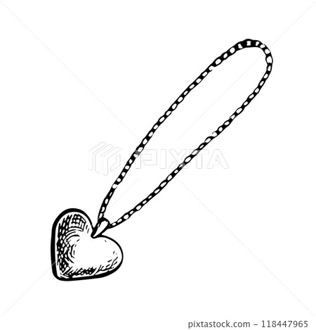 A heart-shaped pendant on a chain. Jewelry. A black and white vector graphic illustration made by hand. Isolate on a white background. Design element of a flyer, banner, poster. A heart-shaped pendant on a chain. Jewelry. A black and white vector graphic illustration made by hand. Isolate on a white background. Design element of a flyer, banner, poster. 118447965