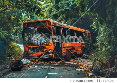 An abandoned and wrecked school bus An abandoned and wrecked school bus 118448080