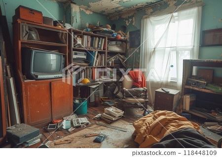 The interior of the room with a mess of furniture and things for repair work. 118448109