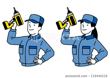 Set of men and women in overalls holding impact drivers 118448228