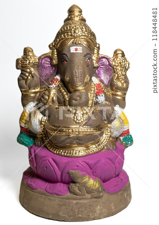 Ganesha idol made of painted clay on white background. Vertical Shot Ganesha idol made of painted clay on white background. Vertical Shot 118448481