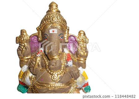 Ganesha idol made of painted clay on white background. Ganesha idol made of painted clay on white background. 118448482