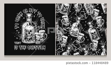 Pattern with bottle, label with potion with human skull inside, beer glass with poisonous potion. Pentagram sign, poison splashes on dark. Halloween creepy graphics 118448489