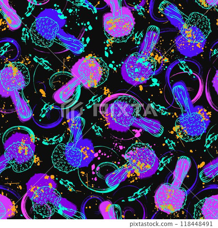 Seamless neon pattern with fantasy mushroom fly agaric, paint brush strokes, splattered paint. Fluorescent vivid bright colors. Virtual surreal nature. Grunge style. Seamless neon pattern with fantasy mushroom fly agaric, paint brush strokes, splattered paint. Fluorescent vivid bright colors. Virtual surreal nature. Grunge style. 118448491