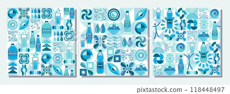 Patterns with water icons, design elements in flat simple geometric style. Seamless background with abstract shapes. For branding, decoration of food package, cover design, textile kitchen prints Patterns with water icons, design elements in flat simple geometric style. Seamless background with abstract shapes. For branding, decoration of food package, cover design, textile kitchen prints 118448497