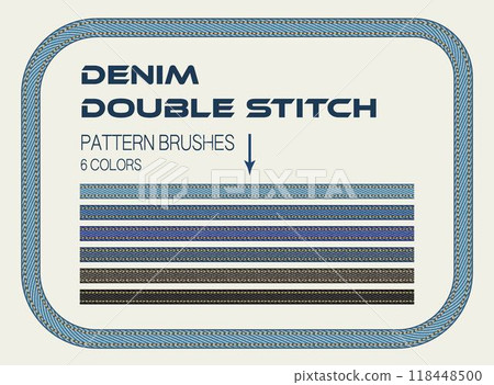 Set of pattern brushes with denim fabric, double topstitching. Rectangular denim frame. Design element in vintage style. Set of pattern brushes with denim fabric, double topstitching. Rectangular denim frame. Design element in vintage style. 118448500