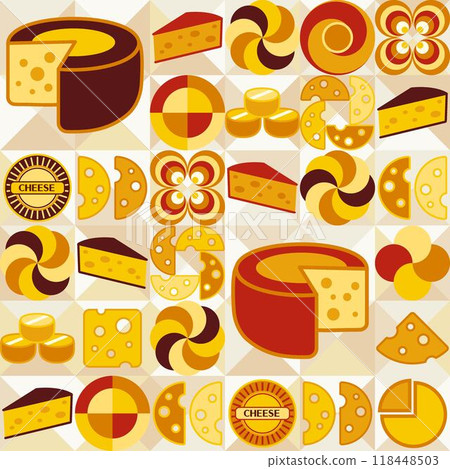 Seamless pattern with icons of Cheese, design elements, abstract shapes in flat simple geometric style. White background. For branding, decoration of food package, cover design, textile kitchen prints Seamless pattern with icons of Cheese, design elements, abstract shapes in flat simple geometric style. White background. For branding, decoration of food package, cover design, textile kitchen prints 118448503
