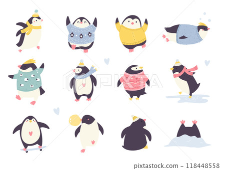 Hand drawn set of funny penguins in knitted scarfs. sweaters, hats Hand drawn set of funny penguins in knitted scarfs. sweaters, hats 118448558