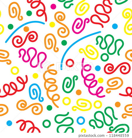 Vector Simple childish scribble backdrop. Colorful line doodle seamless pattern. Creative art background for children with basic shapes. Vector Simple childish scribble backdrop. Colorful line doodle seamless pattern. Creative art background for children with basic shapes. 118448559