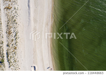 sandy beach on the seashore, view from above sandy beach on the seashore, view from above 118448663