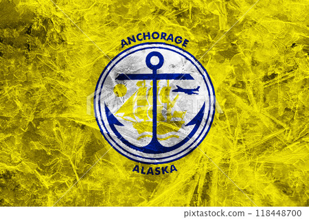 Flag of the city of Anchorage, Alaska, USA, on a background of the ice surface. Conceptual collage Flag of the city of Anchorage, Alaska, USA, on a background of the ice surface. Conceptual collage 118448700