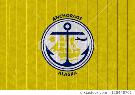 Flag of the city of Anchorage, Alaska, USA, on a background of a wooden fence. Conceptual collage Flag of the city of Anchorage, Alaska, USA, on a background of a wooden fence. Conceptual collage 118448701