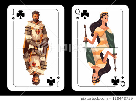 Queen of Clubs and Jack of Clubs, original playing card design on black background Queen of Clubs and Jack of Clubs, original playing card design on black background 118448739