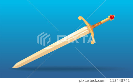 Large knightly sword with richly decorated gold hilt adorned with ruby Large knightly sword with richly decorated gold hilt adorned with ruby 118448741