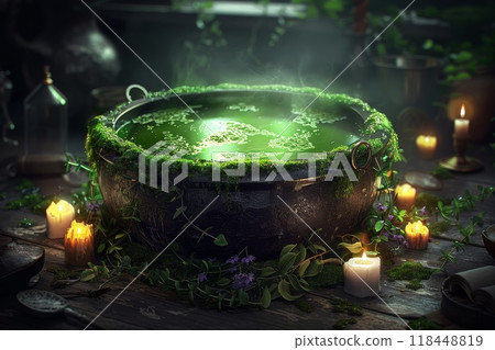 Halloween cauldron with green smoke. Dark mystery background. Autumn halloween holiday. Witchcraft pot with magic potion. Magician wizard banner with copyspace for text 118448819