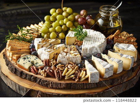 Different cheese on wooden plate. Group of tasty cheese. French camembert, italian parmesan and brie slice on table 118448822