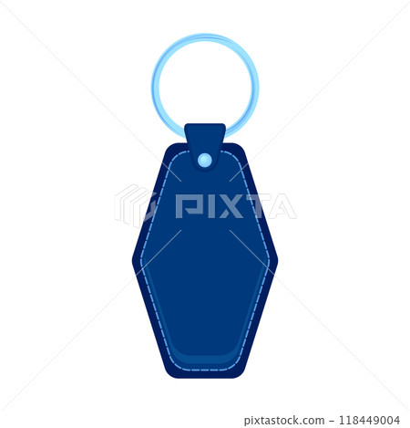 Vector leather holder trinket, blue keychain for key. Metal ring. Label of blue fob for car or office. Blank accessory. Corporate identity for brand. 118449004