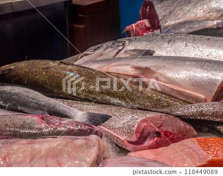 Fresh sea food market with variety of fresh fish, Murci, Spain 118449089