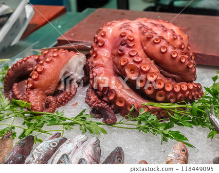 Fresh octopus meat at the sea food market, Murci, Spain 118449095