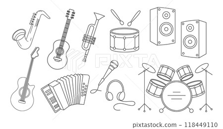 Set of musical instruments, saxophone, drums, guitars, accordion, trumpet, microphone. Illustration, sketch, outline drawing 118449110