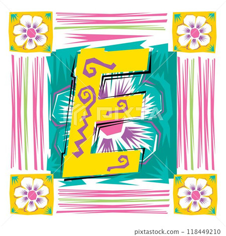 A decorative letter E in a Fiesta style with green, pink lines, and yellow accents A decorative letter E in a Fiesta style with green, pink lines, and yellow accents 118449210
