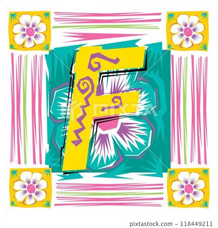 A decorative letter F in a Fiesta style with green, pink lines, and yellow accents A decorative letter F in a Fiesta style with green, pink lines, and yellow accents 118449211