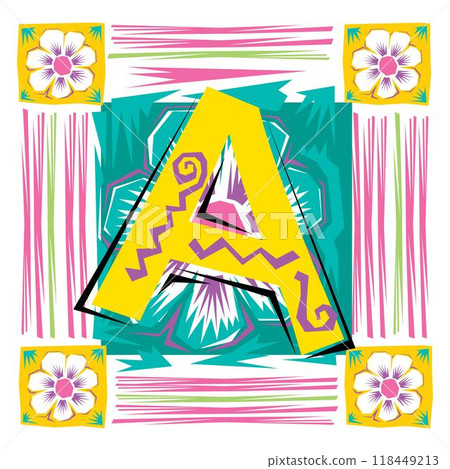 A decorative letter A in a Fiesta style with green, pink lines, and yellow accents A decorative letter A in a Fiesta style with green, pink lines, and yellow accents 118449213