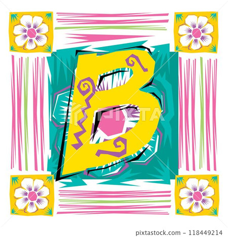 A decorative letter B in a Fiesta style with green, pink lines, and yellow accents A decorative letter B in a Fiesta style with green, pink lines, and yellow accents 118449214